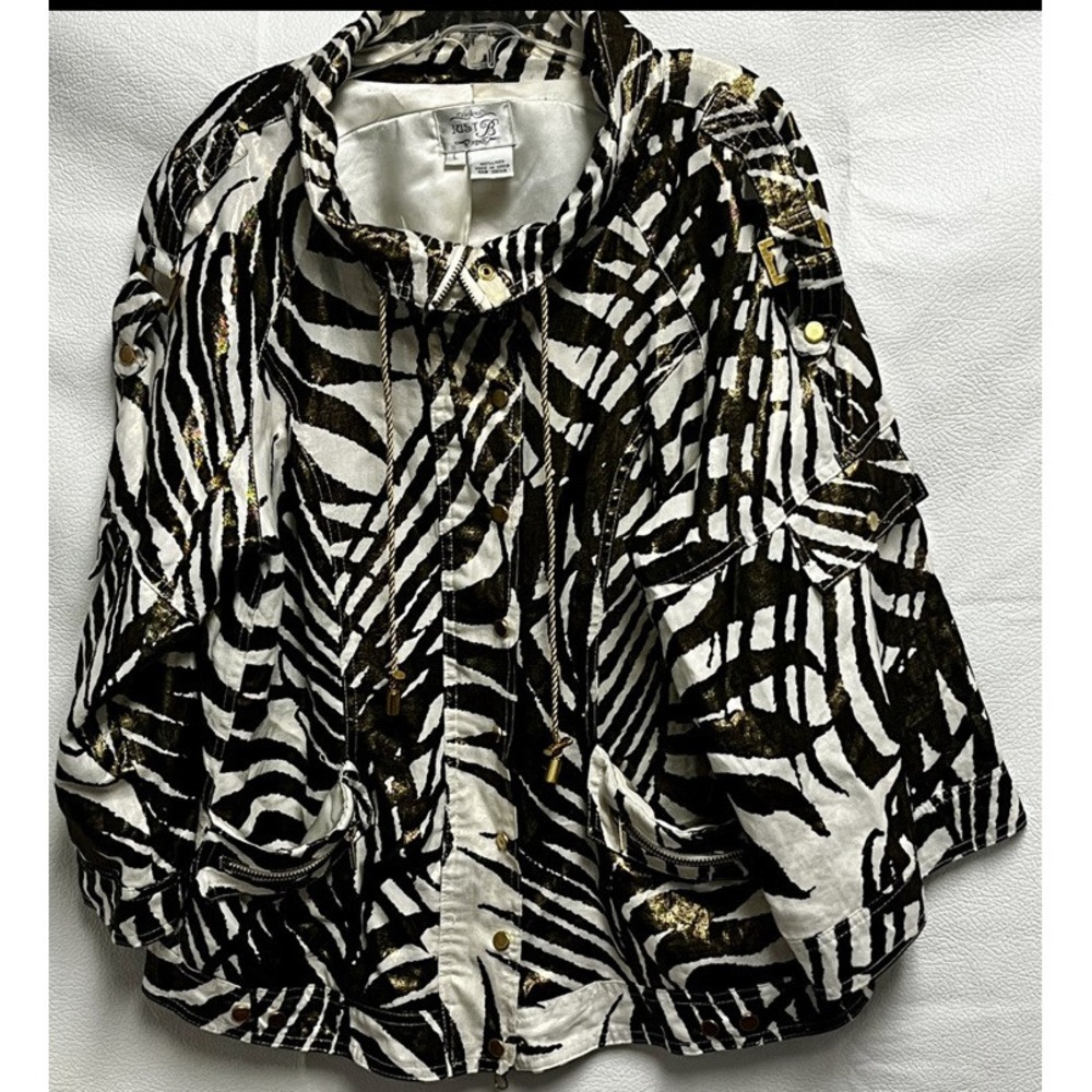 Just B Jacket Womens Large Multicolored Button Zip Up Zebra Print Gold Accents